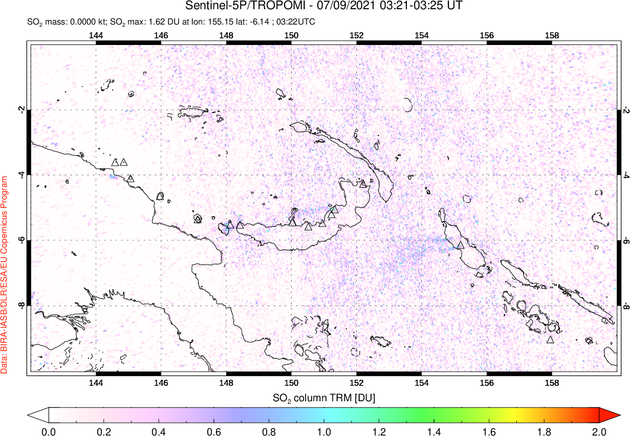 A sulfur dioxide image over Papua, New Guinea on Jul 09, 2021.