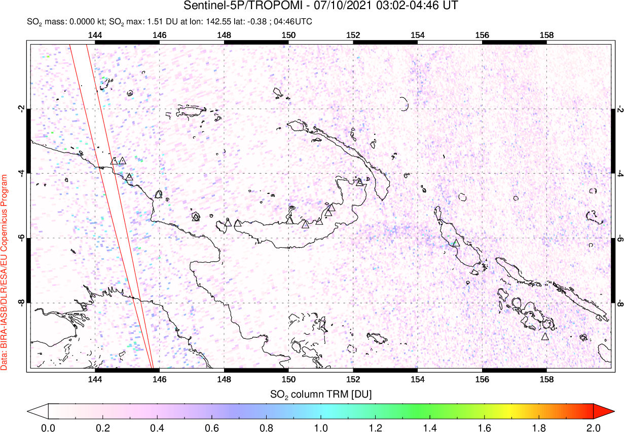 A sulfur dioxide image over Papua, New Guinea on Jul 10, 2021.