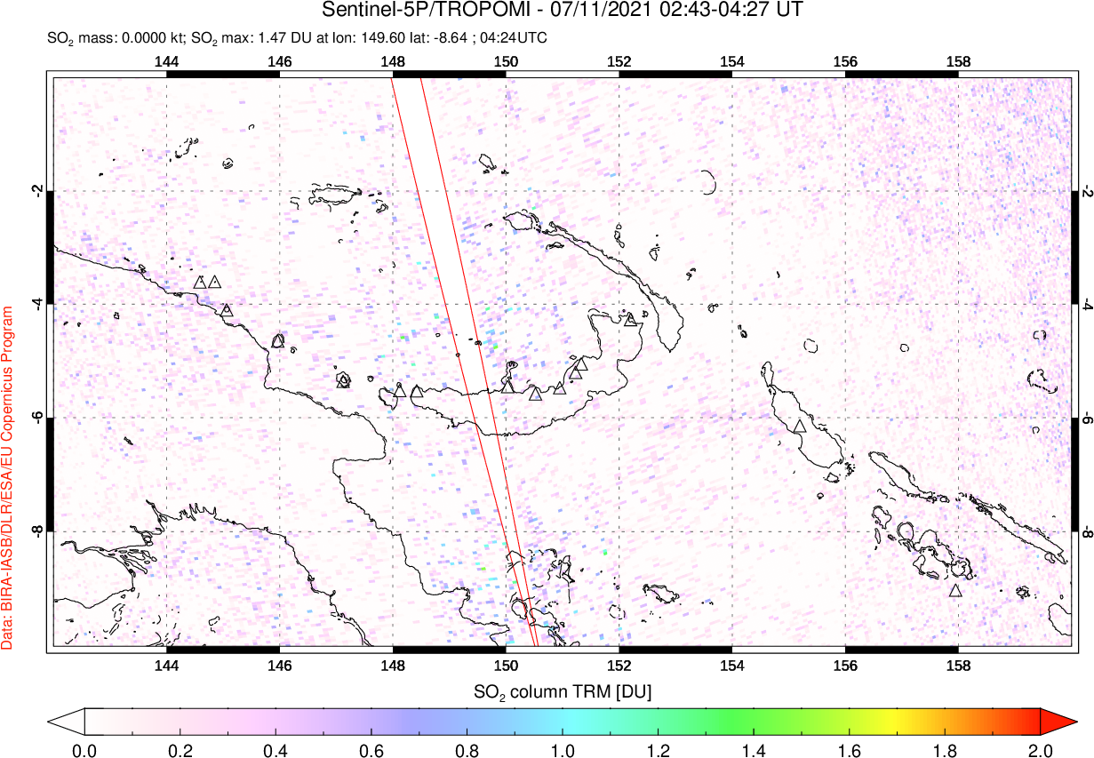 A sulfur dioxide image over Papua, New Guinea on Jul 11, 2021.
