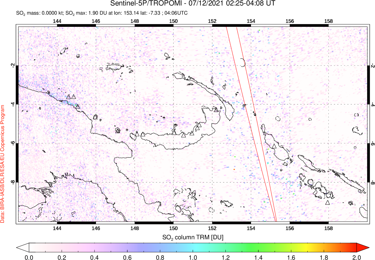 A sulfur dioxide image over Papua, New Guinea on Jul 12, 2021.