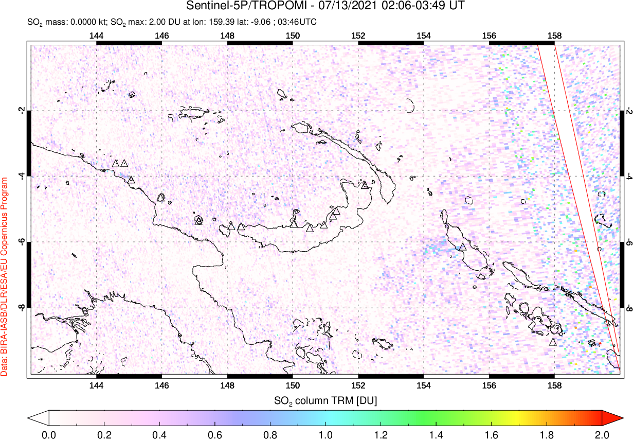 A sulfur dioxide image over Papua, New Guinea on Jul 13, 2021.