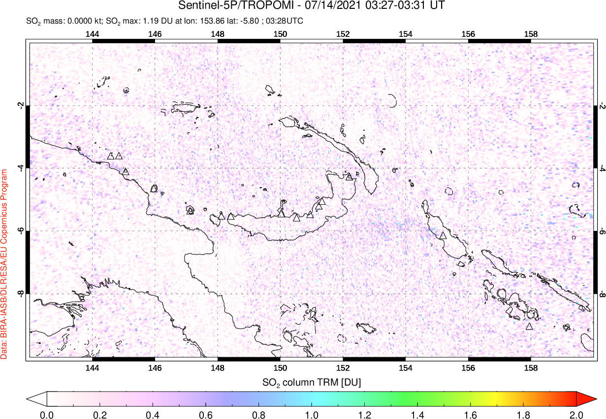 A sulfur dioxide image over Papua, New Guinea on Jul 14, 2021.