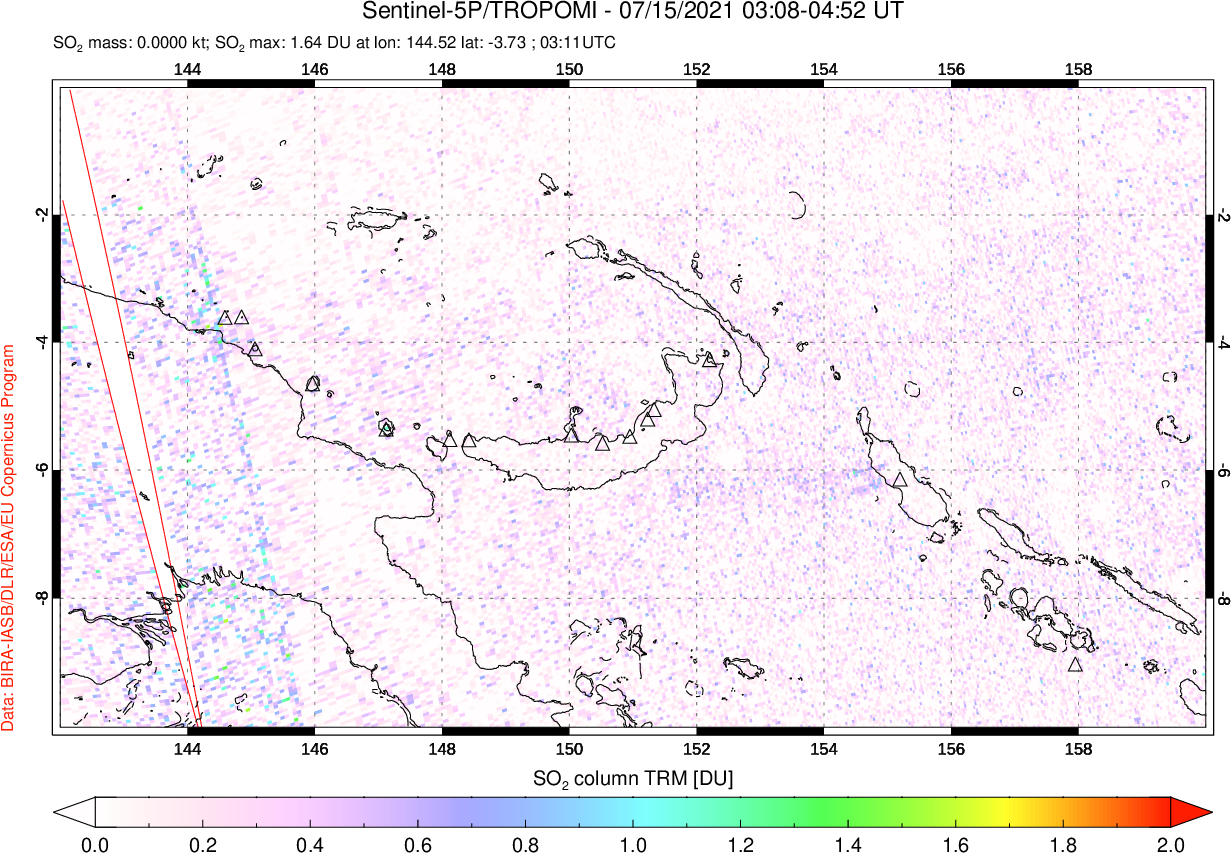 A sulfur dioxide image over Papua, New Guinea on Jul 15, 2021.