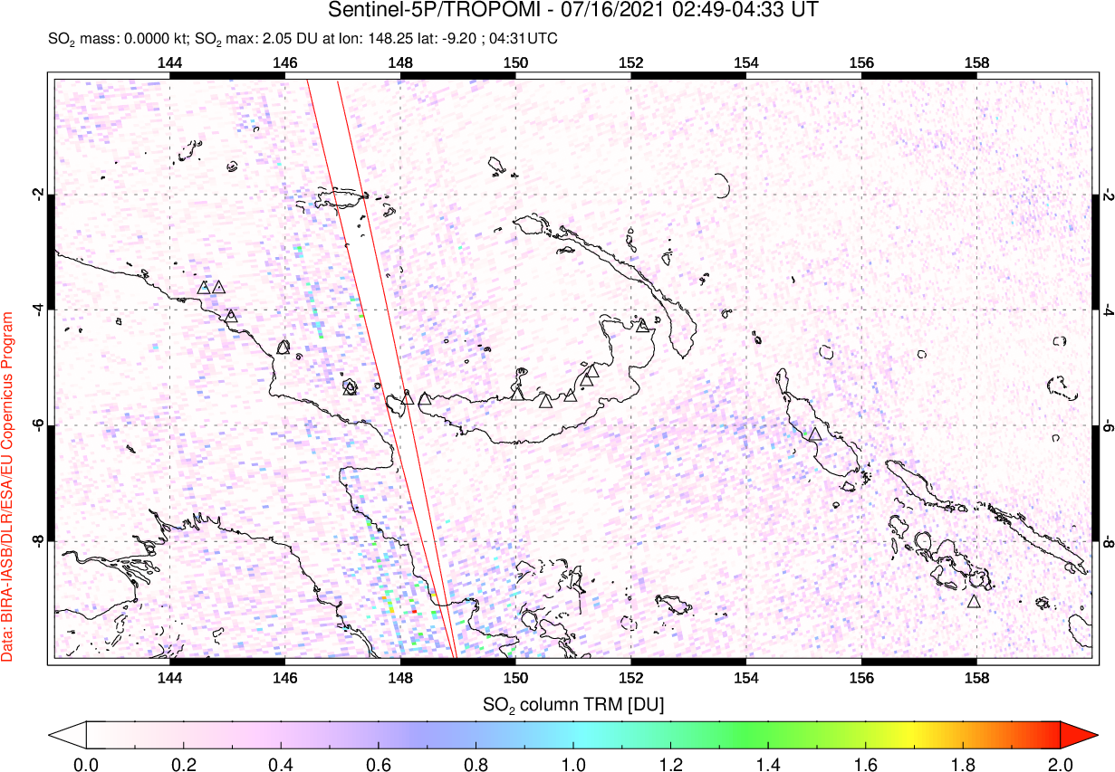 A sulfur dioxide image over Papua, New Guinea on Jul 16, 2021.