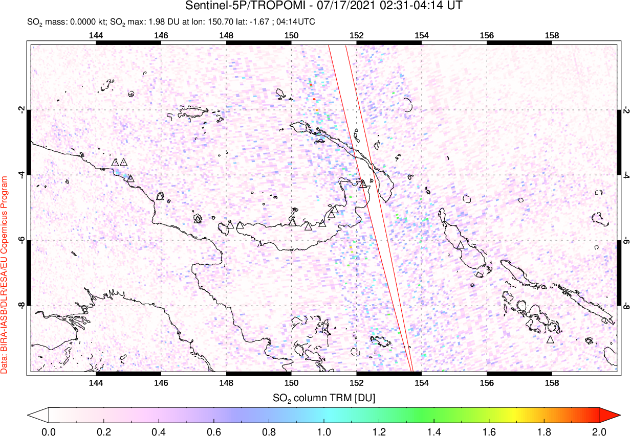 A sulfur dioxide image over Papua, New Guinea on Jul 17, 2021.