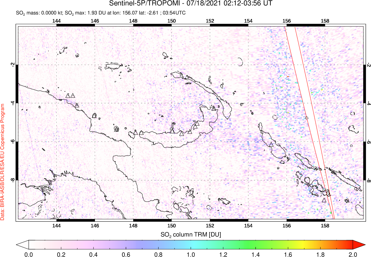 A sulfur dioxide image over Papua, New Guinea on Jul 18, 2021.