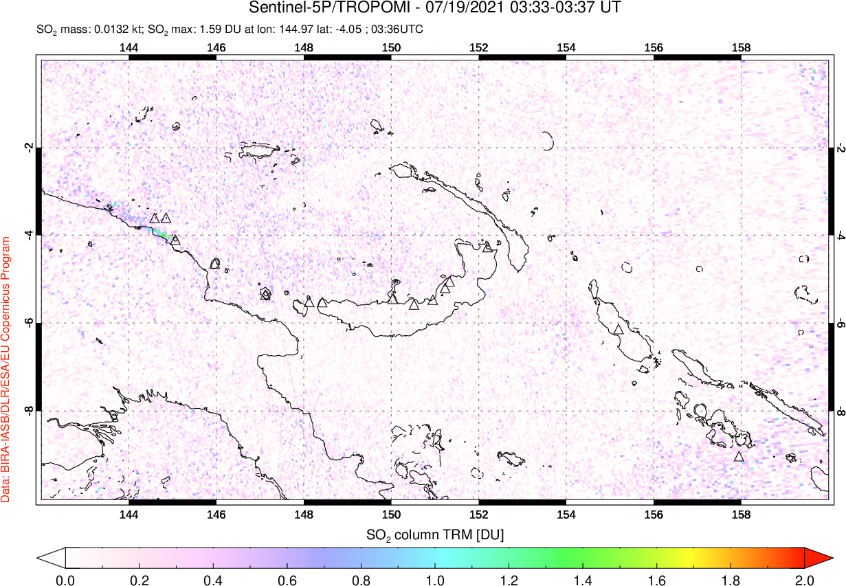 A sulfur dioxide image over Papua, New Guinea on Jul 19, 2021.