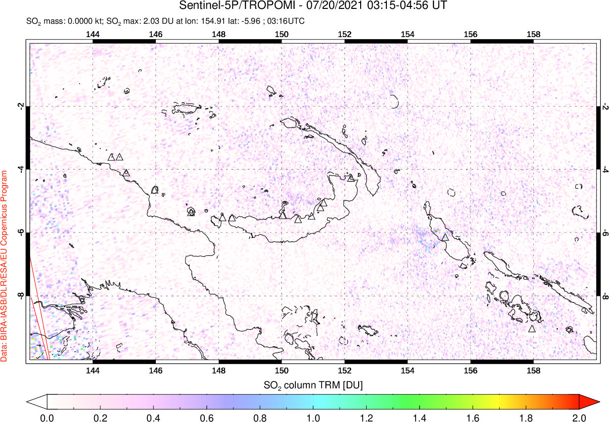 A sulfur dioxide image over Papua, New Guinea on Jul 20, 2021.