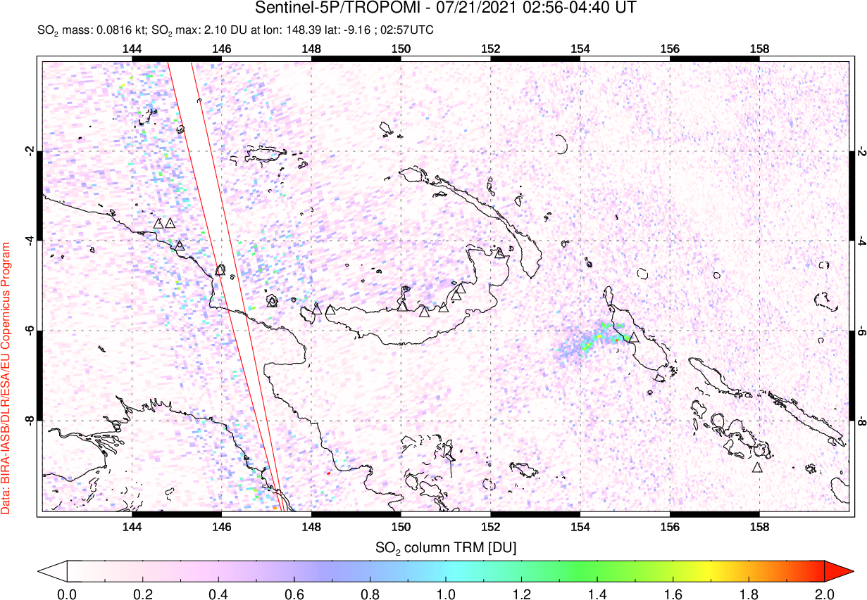 A sulfur dioxide image over Papua, New Guinea on Jul 21, 2021.
