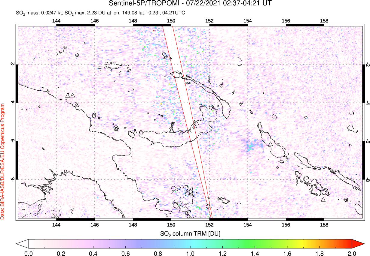A sulfur dioxide image over Papua, New Guinea on Jul 22, 2021.