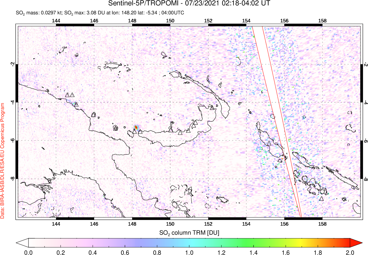 A sulfur dioxide image over Papua, New Guinea on Jul 23, 2021.