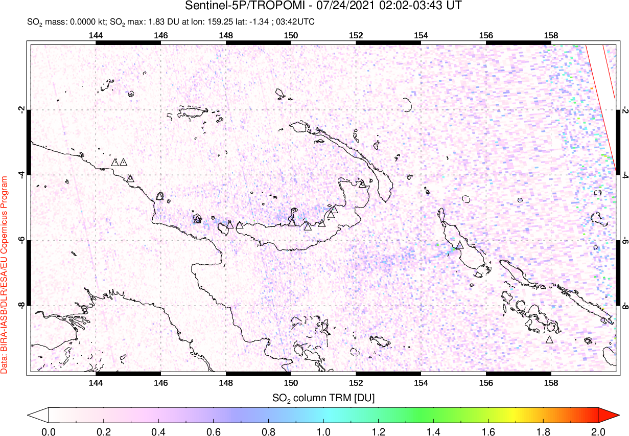 A sulfur dioxide image over Papua, New Guinea on Jul 24, 2021.
