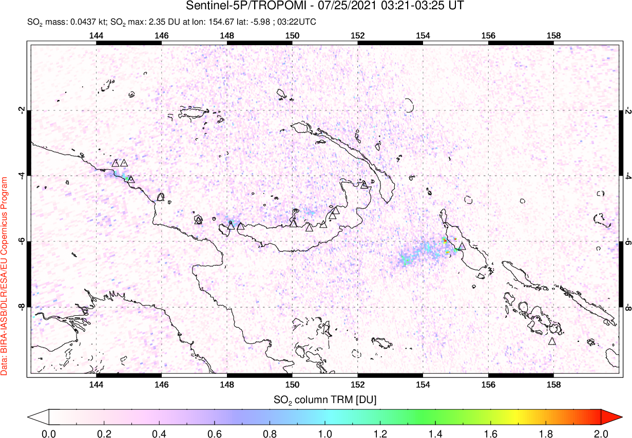 A sulfur dioxide image over Papua, New Guinea on Jul 25, 2021.