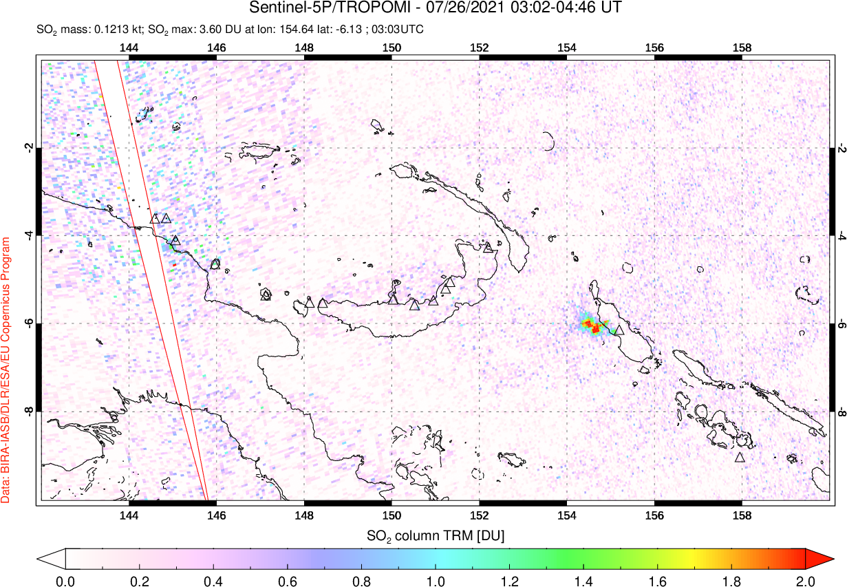 A sulfur dioxide image over Papua, New Guinea on Jul 26, 2021.