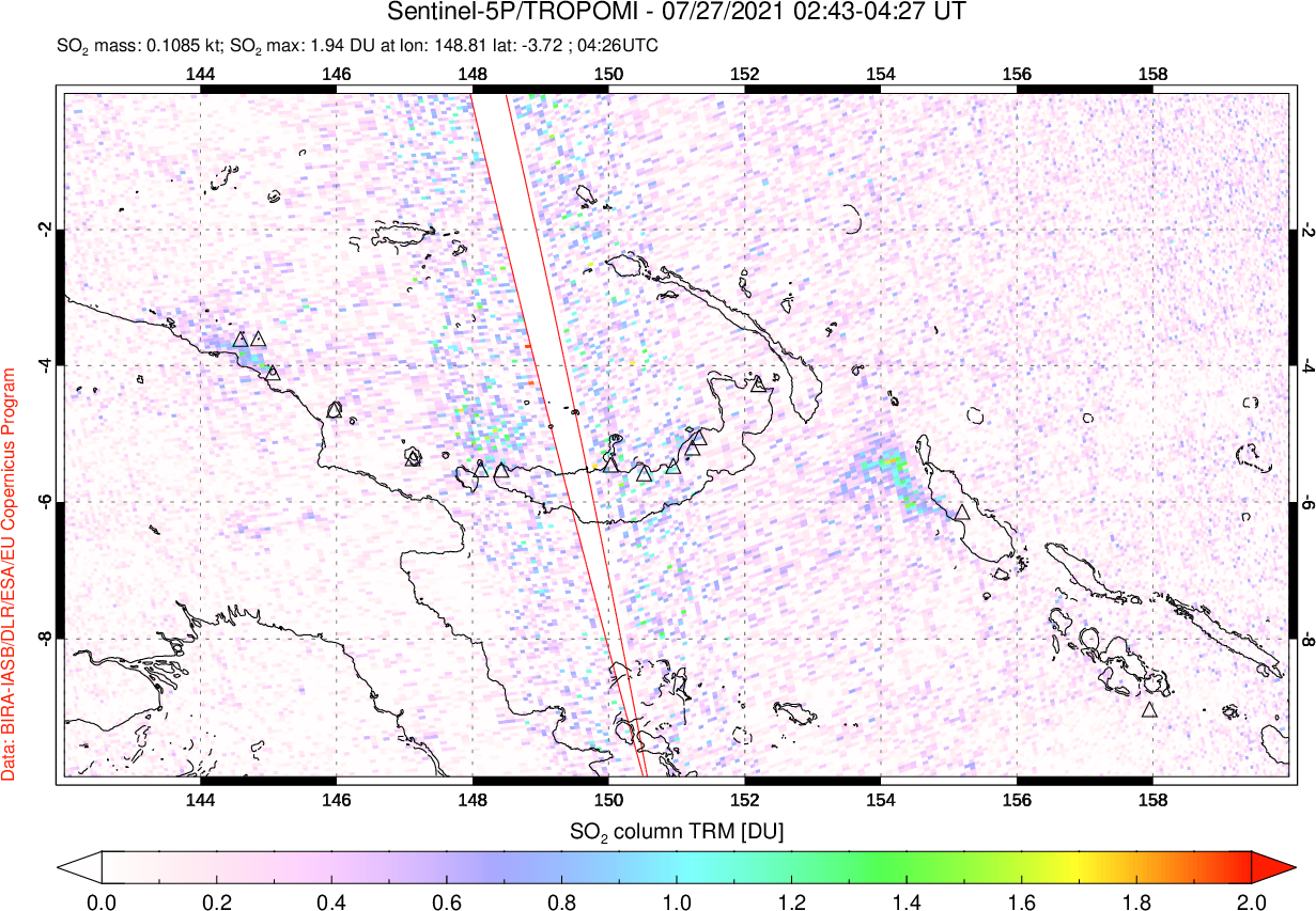 A sulfur dioxide image over Papua, New Guinea on Jul 27, 2021.