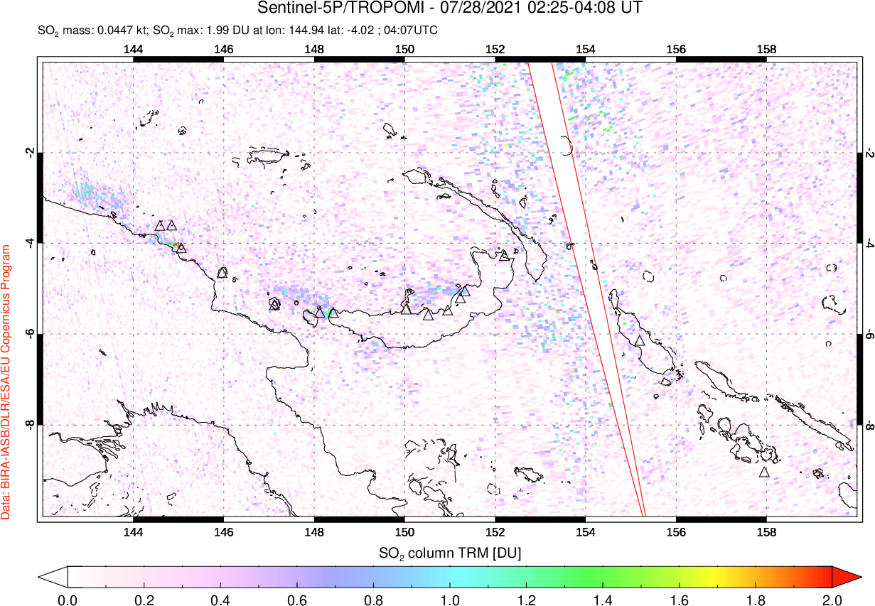 A sulfur dioxide image over Papua, New Guinea on Jul 28, 2021.