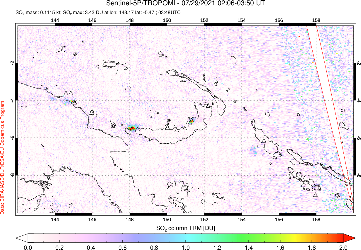 A sulfur dioxide image over Papua, New Guinea on Jul 29, 2021.