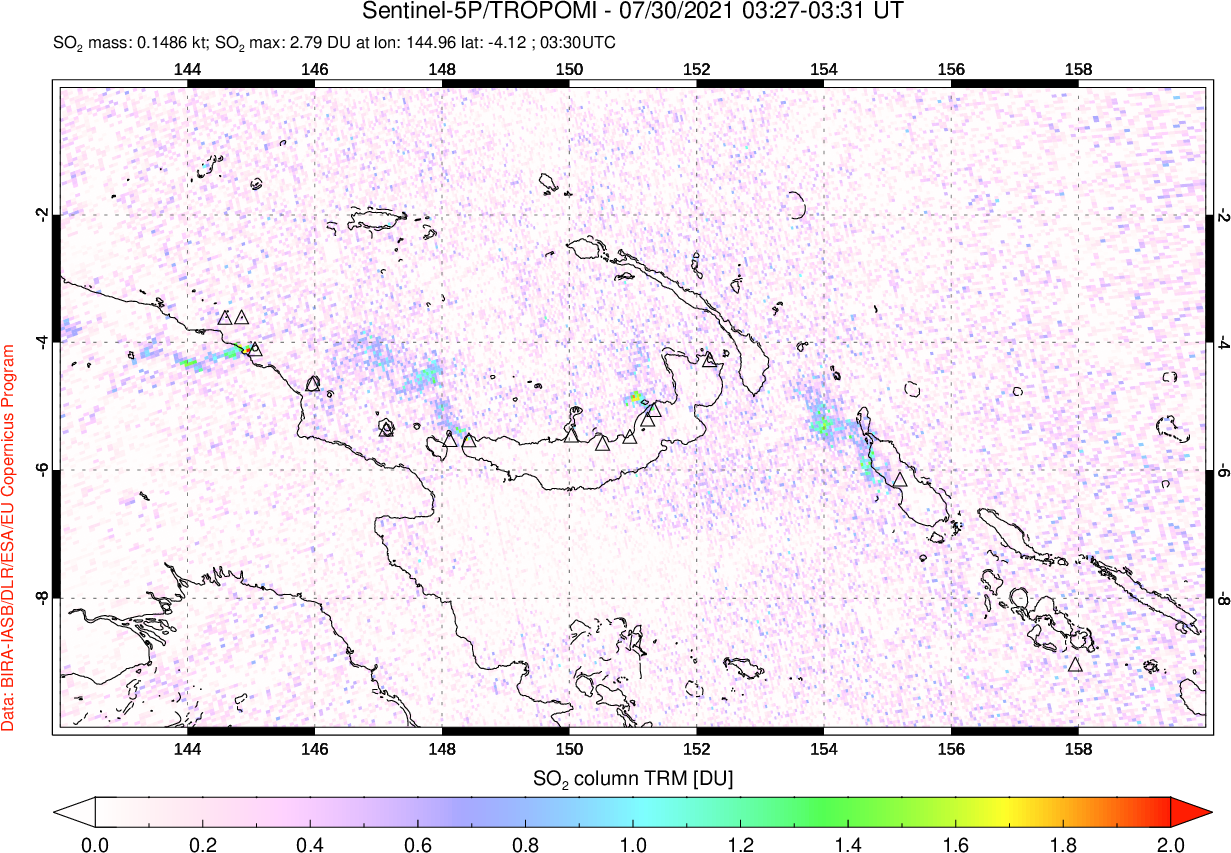 A sulfur dioxide image over Papua, New Guinea on Jul 30, 2021.