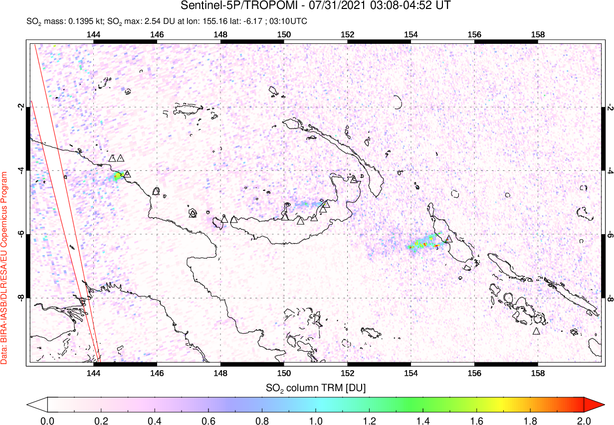 A sulfur dioxide image over Papua, New Guinea on Jul 31, 2021.