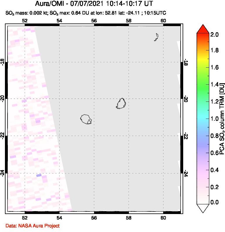 A sulfur dioxide image over Reunion Island, Indian Ocean on Jul 07, 2021.