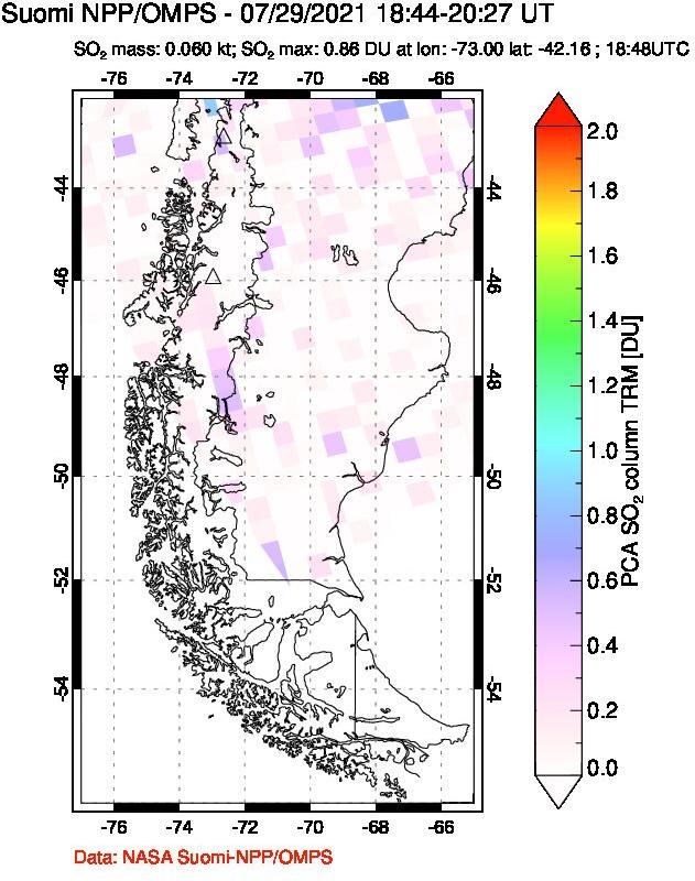 A sulfur dioxide image over Southern Chile on Jul 29, 2021.