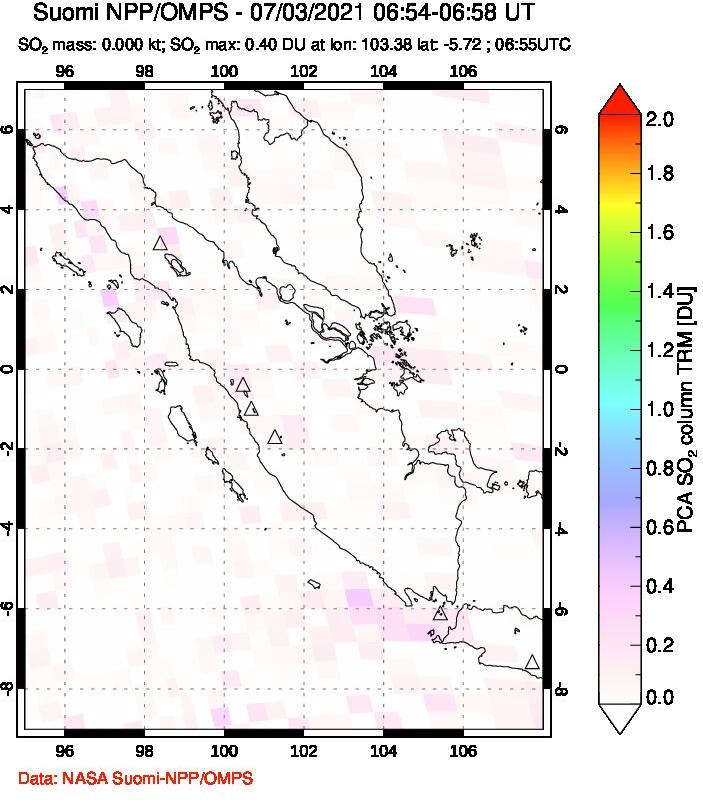 A sulfur dioxide image over Sumatra, Indonesia on Jul 03, 2021.