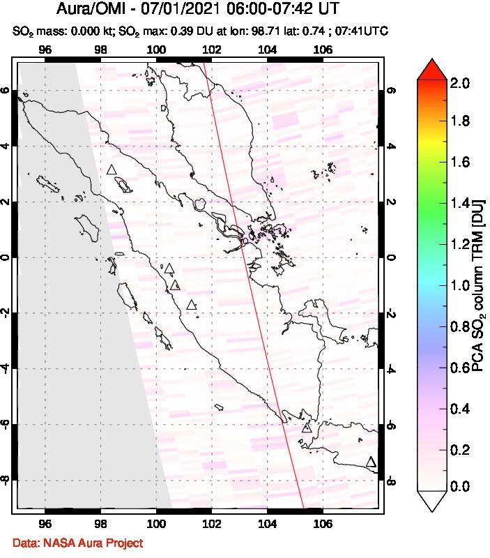 A sulfur dioxide image over Sumatra, Indonesia on Jul 01, 2021.