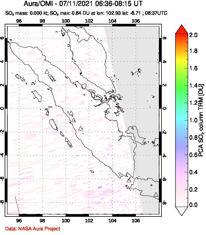 A sulfur dioxide image over Sumatra, Indonesia on Jul 11, 2021.