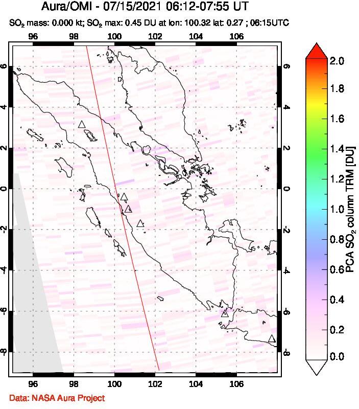 A sulfur dioxide image over Sumatra, Indonesia on Jul 15, 2021.