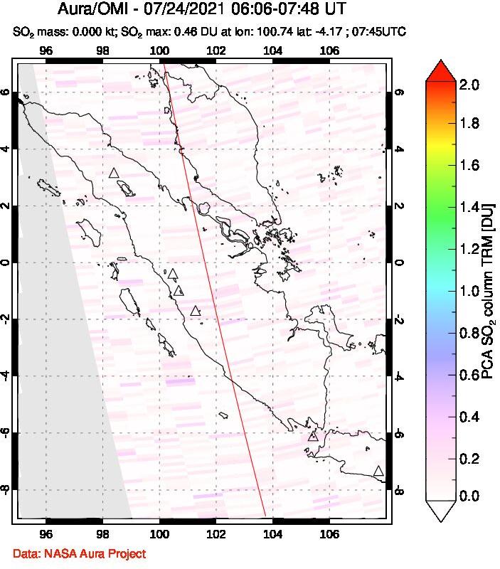 A sulfur dioxide image over Sumatra, Indonesia on Jul 24, 2021.