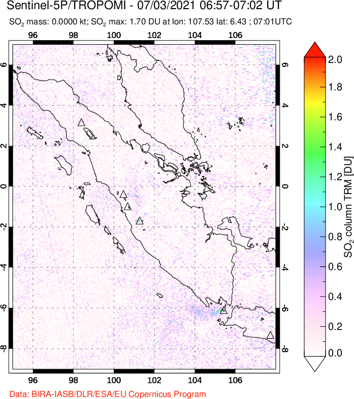 A sulfur dioxide image over Sumatra, Indonesia on Jul 03, 2021.