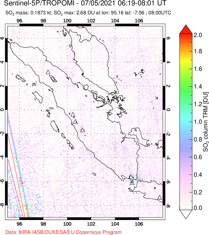 A sulfur dioxide image over Sumatra, Indonesia on Jul 05, 2021.