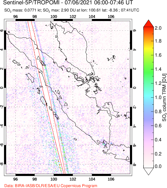 A sulfur dioxide image over Sumatra, Indonesia on Jul 06, 2021.