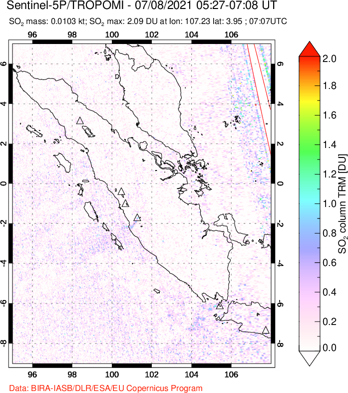 A sulfur dioxide image over Sumatra, Indonesia on Jul 08, 2021.