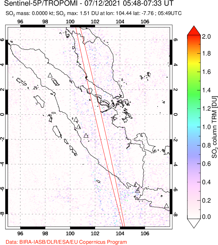 A sulfur dioxide image over Sumatra, Indonesia on Jul 12, 2021.