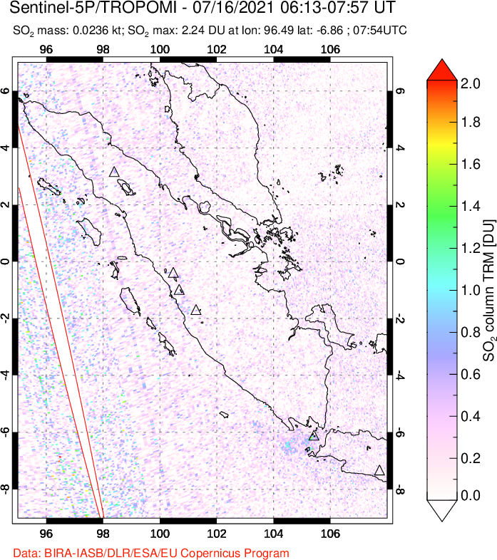 A sulfur dioxide image over Sumatra, Indonesia on Jul 16, 2021.