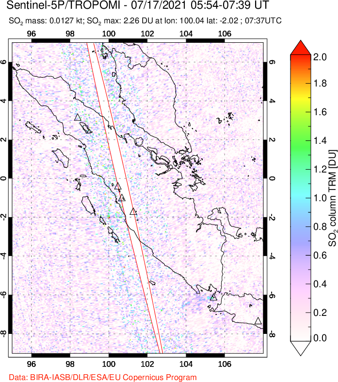 A sulfur dioxide image over Sumatra, Indonesia on Jul 17, 2021.
