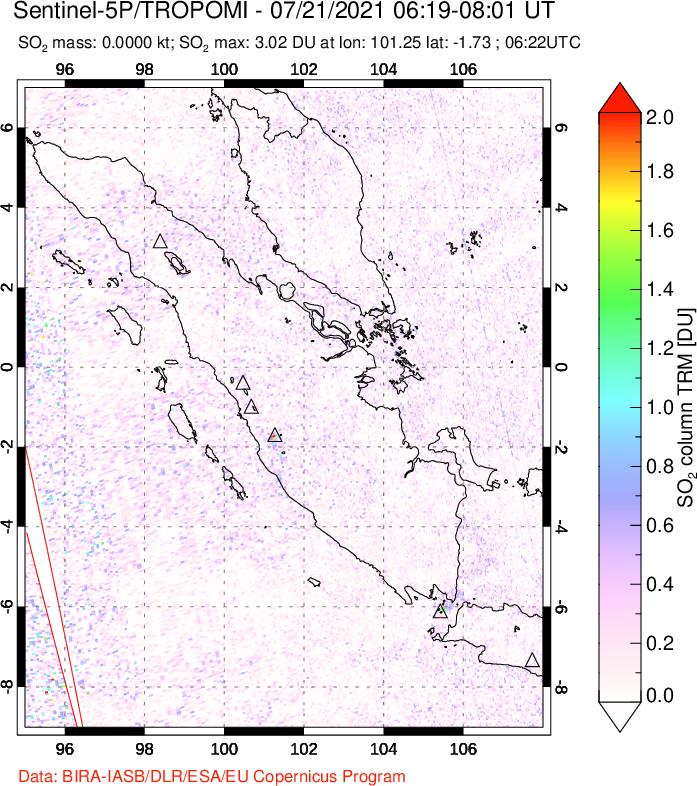 A sulfur dioxide image over Sumatra, Indonesia on Jul 21, 2021.