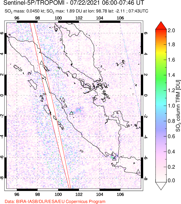 A sulfur dioxide image over Sumatra, Indonesia on Jul 22, 2021.