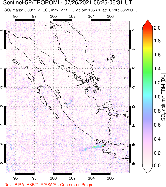 A sulfur dioxide image over Sumatra, Indonesia on Jul 26, 2021.