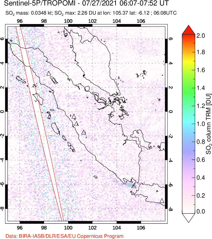 A sulfur dioxide image over Sumatra, Indonesia on Jul 27, 2021.