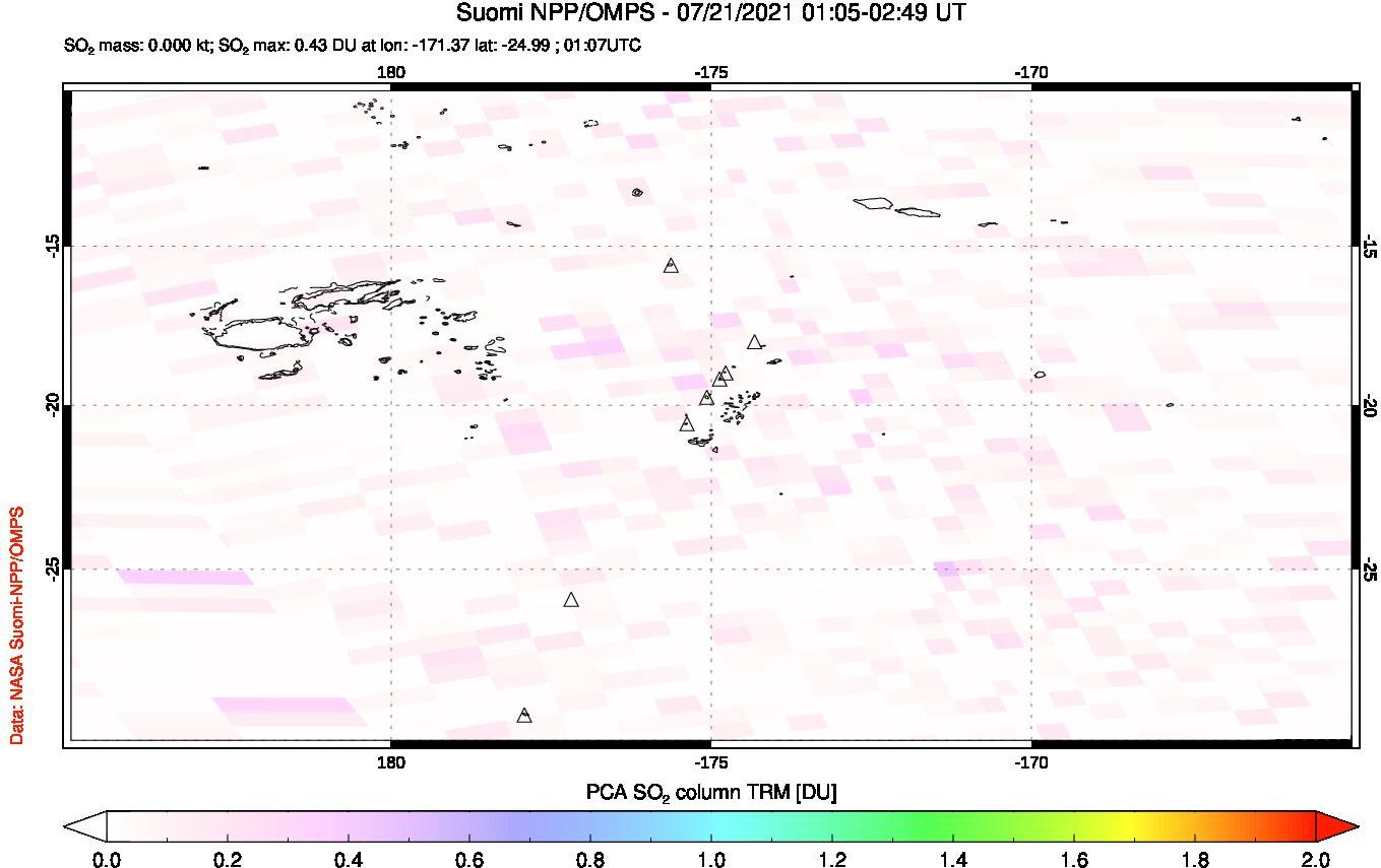 A sulfur dioxide image over Tonga, South Pacific on Jul 21, 2021.