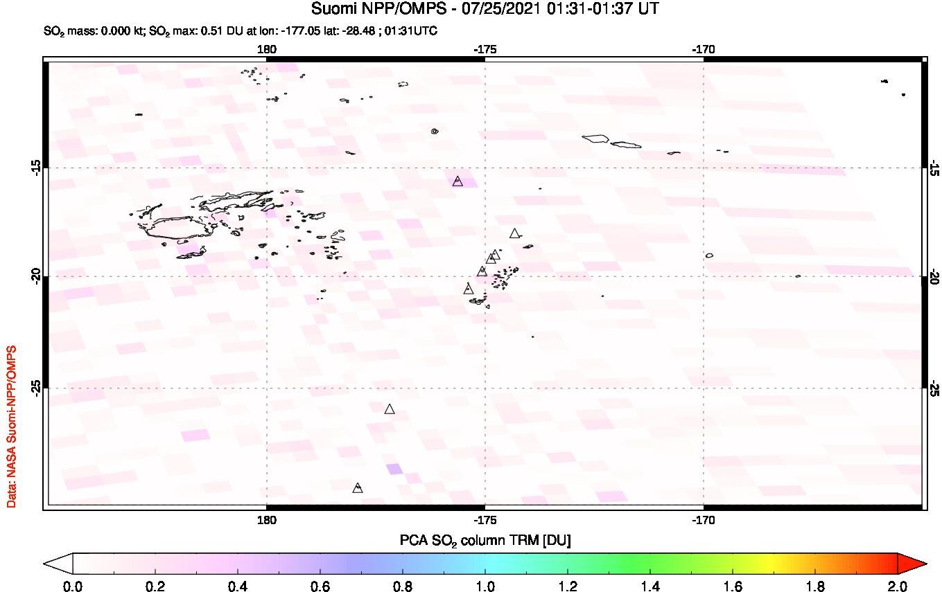 A sulfur dioxide image over Tonga, South Pacific on Jul 25, 2021.