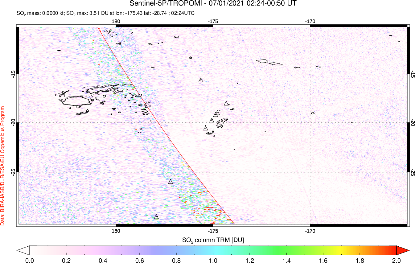 A sulfur dioxide image over Tonga, South Pacific on Jul 01, 2021.