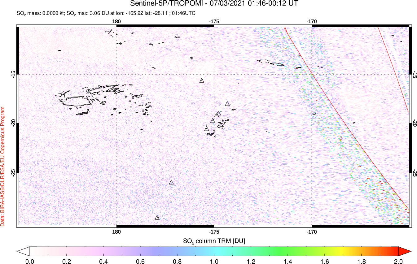 A sulfur dioxide image over Tonga, South Pacific on Jul 03, 2021.