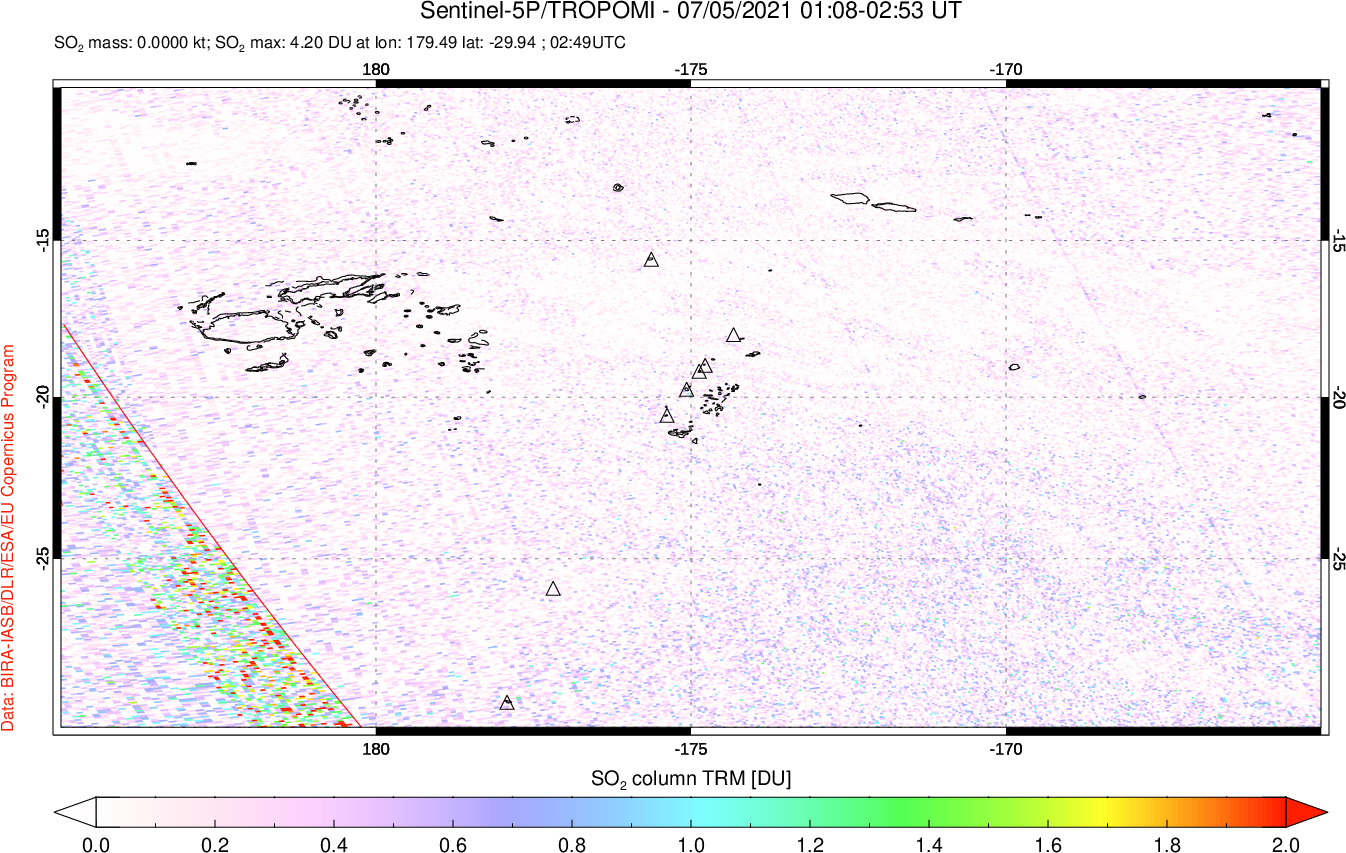 A sulfur dioxide image over Tonga, South Pacific on Jul 05, 2021.