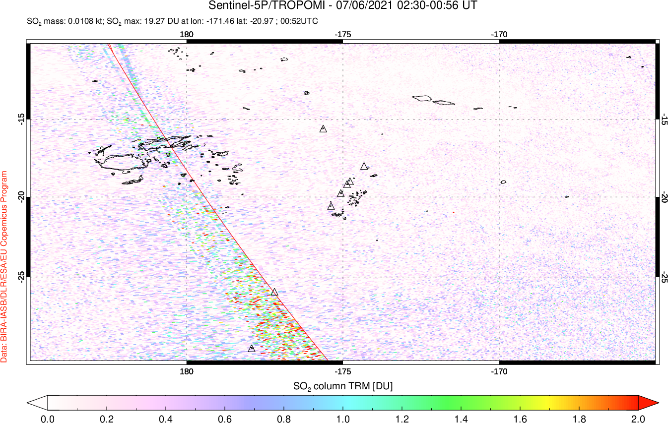 A sulfur dioxide image over Tonga, South Pacific on Jul 06, 2021.