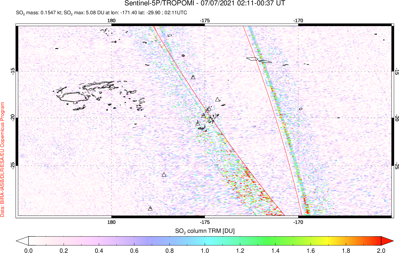 A sulfur dioxide image over Tonga, South Pacific on Jul 07, 2021.
