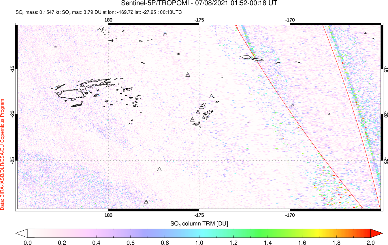 A sulfur dioxide image over Tonga, South Pacific on Jul 08, 2021.