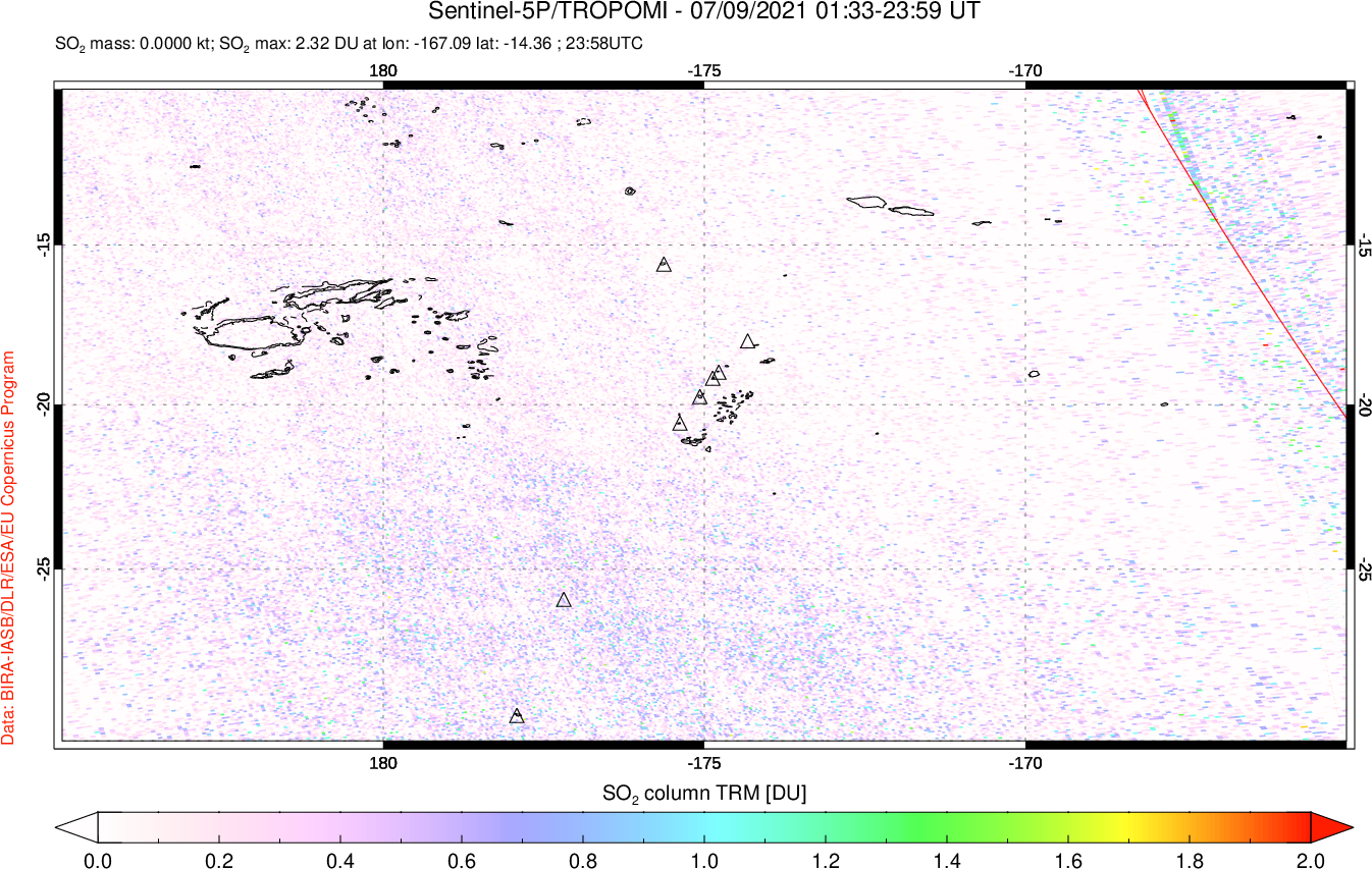 A sulfur dioxide image over Tonga, South Pacific on Jul 09, 2021.